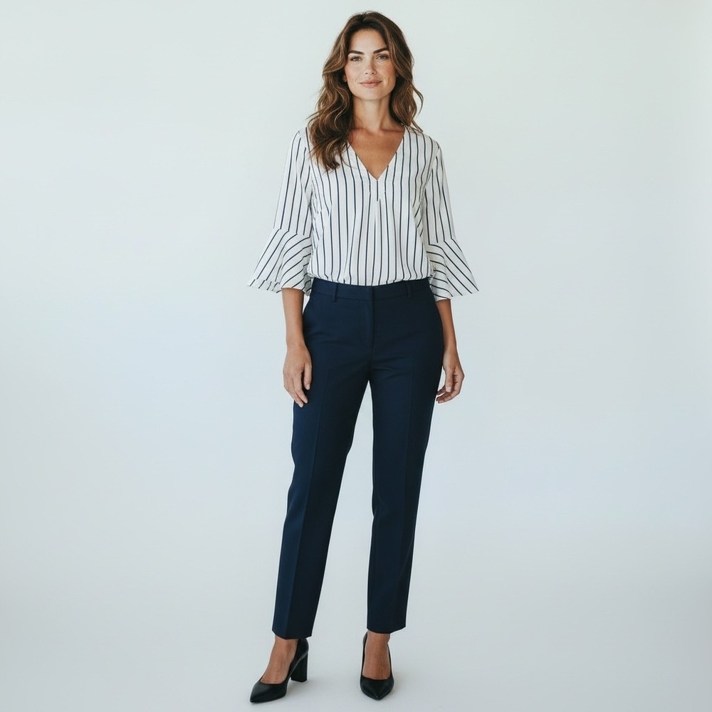 White House Black Market Bell Sleeve Striped V-Neck Blouse‎ Navy White Size 2